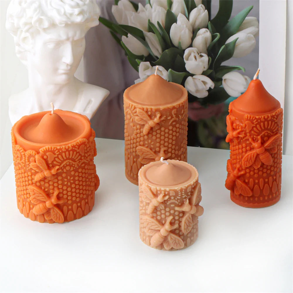 Embossed Bee Pillar Candle Silicone Mold