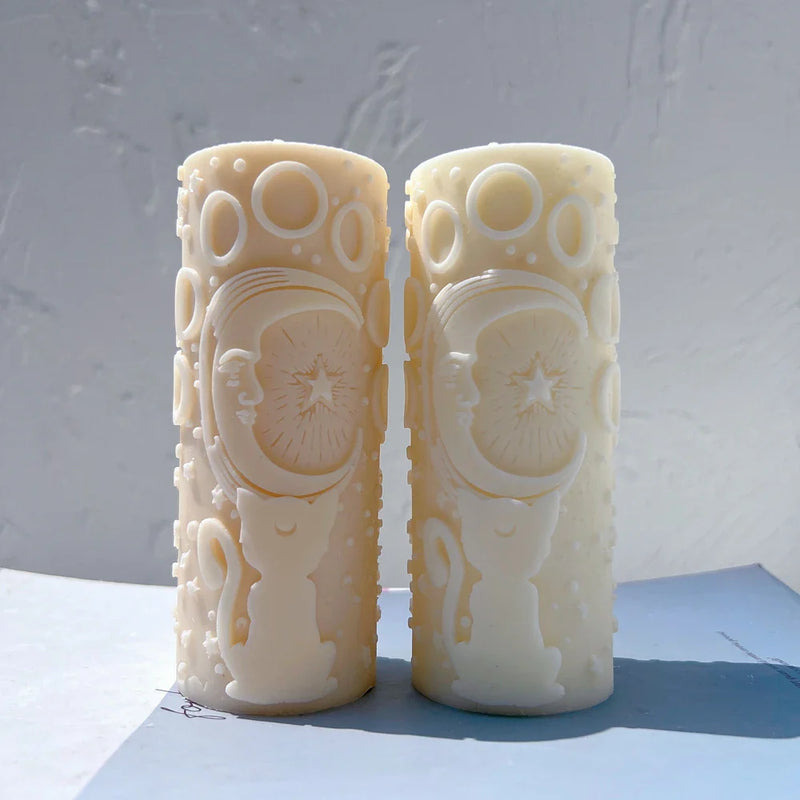 Cat Moon and Stars pillar Candle Mold Moon