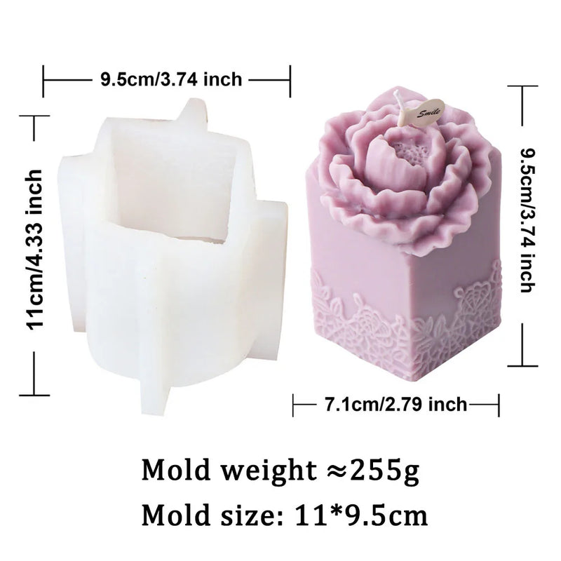 Lace Peony Square Pillar and Rose Cylindrical Silicone Candle Mold